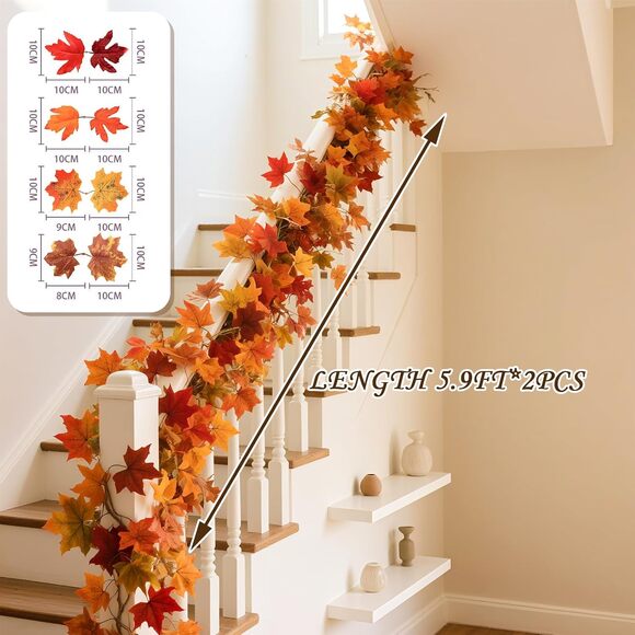 Fall Leaves Garland 2 Pack Red Maple Leaf 5.9 Ft Autumn Thanksgiving Decor - Picture 3 of 5